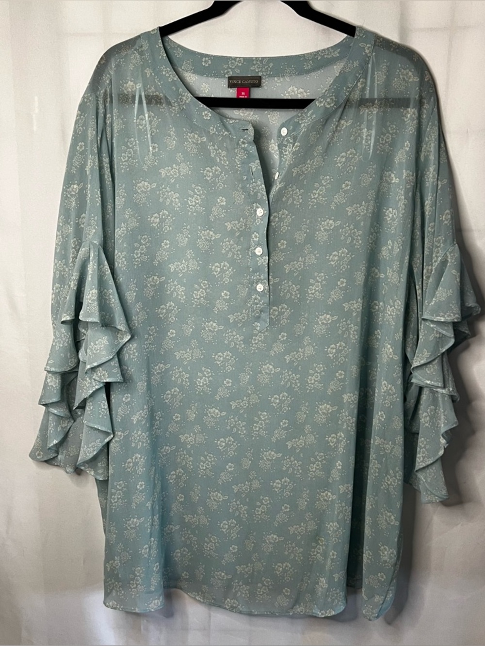Vince Camuto Seafoam Floral Ruffle Sleeve Tunic